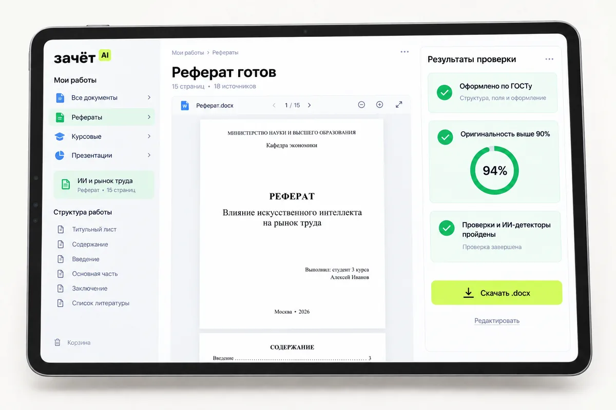 Готовый реферат на планшете: слева работы по разделам, в центре титульный лист и содержание, справа результаты проверки и кнопка «Скачать .docx»